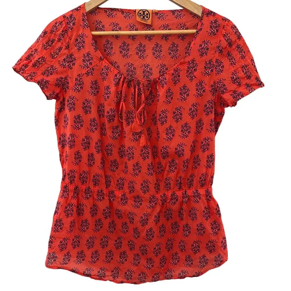 Tory Burch Evelina Cinch Waist‎ Cotton Voile Tunic Top Size 6